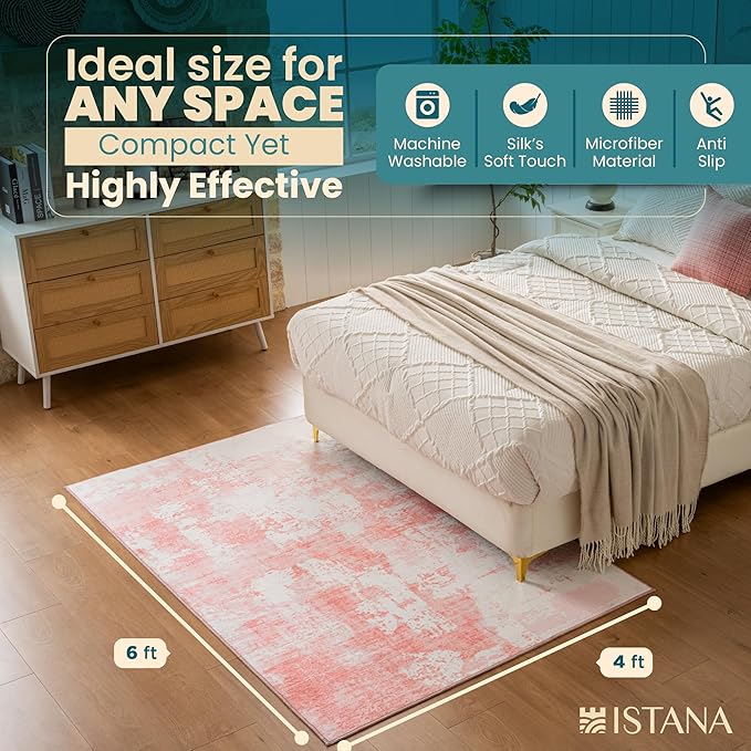 Istana 4x6 Area Rug - Pink Rugs for Living Room 4x6 - Foldable Rugs for Bedroom - Stain Resistant Washable Rug - Eco-Friendly Boho Area Rugs - Easy to Clean Living Room Rug 4 x 6