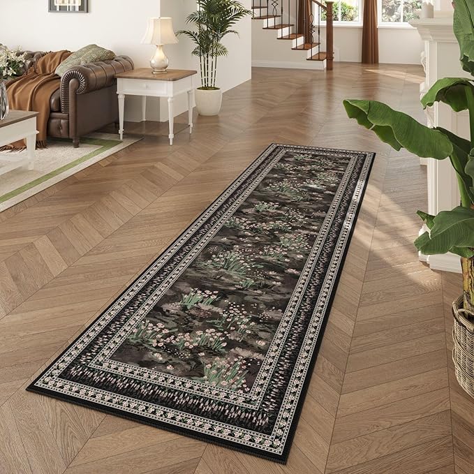 Rugcomf 2x6 Runner Rug Impressionist-Style Vintage Kitchen Rugs Non Slip Washable Soft Carpet Runner for Kitchen Laundry Bedroom Bathroom, Black