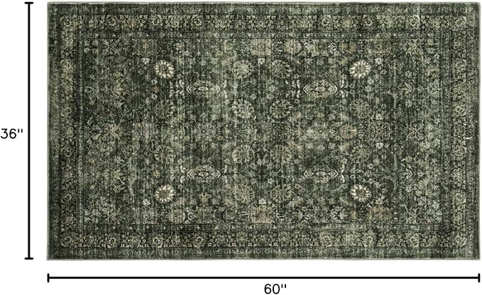 Morebes Vintage Throw Rugs, 3x5 Washable Rug Non Slip, Soft Area Rug for Bedroom, Distressed Non-Shedding Floral Rug for Entryway Bathroom Kitchen Foyer Bedside Playroom Christmas Decor,Dark Green