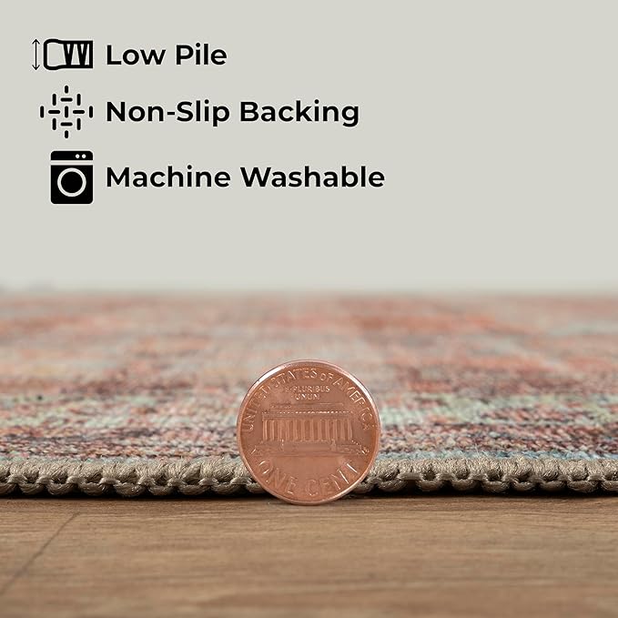 GLN Rugs Traditional Collection - Machine Washable Area Rug, Traditional Washable, Non Slip, Low Pile Chenille Rug, Living Room, Bedroom, Kitchen Rug (4' x 6' Terra/Multicolor 1153)