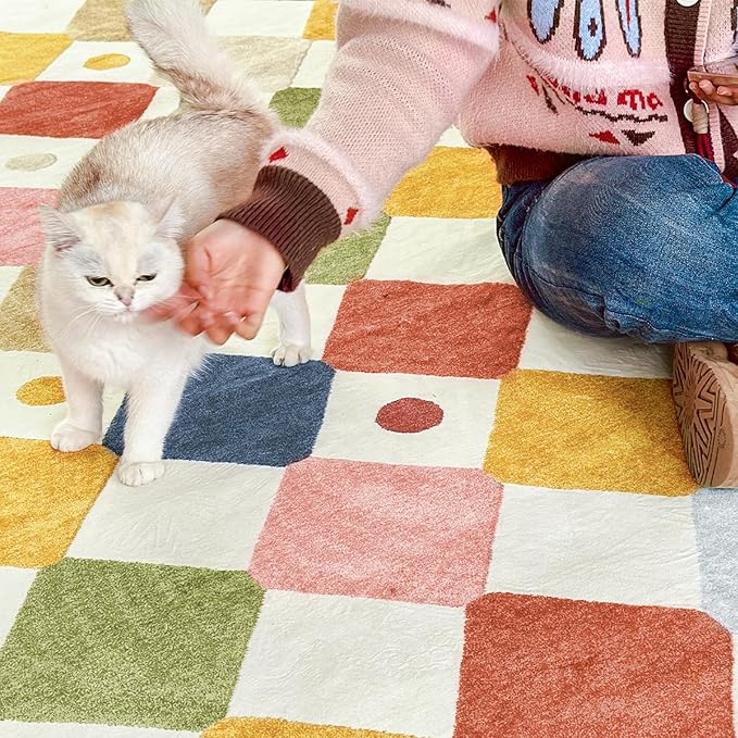 jinchan Macy Area Rug 5x7 Kids Washable Indoor Floor Cover Non-Slip Modern Soft Rug Elementary School Classroom Colorful Diamond Carpet for Nursery Playroom Daycare Bedroom Living Room Circus on Cream