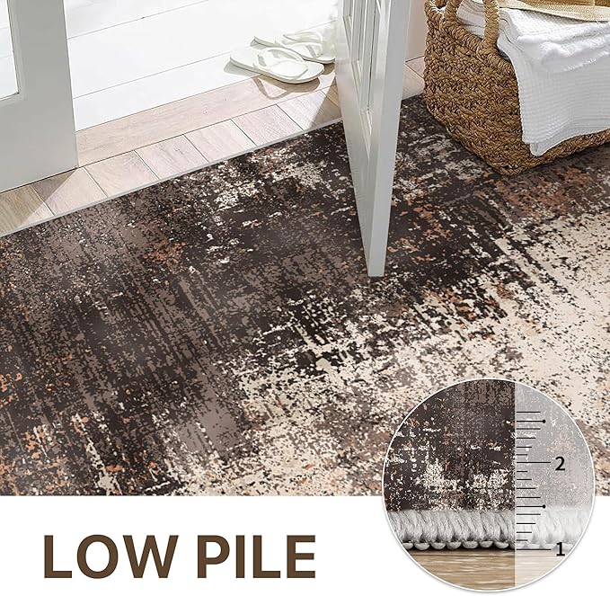 GENIMO Washable Area Rugs for Living Room, 9x12 Vintage Non Slip Rugs, Low Pile Lightweight Soft Print Rug for Bedroom, Dining Room, Home Office, Brown Orange