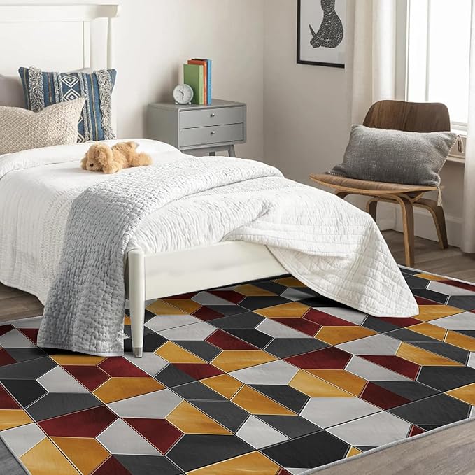 Modern Hexagon Rug - 6x9, Geometric Pattern for Living Room & Bedroom, Washable, Non-Slip, Soft Indoor Carpet
