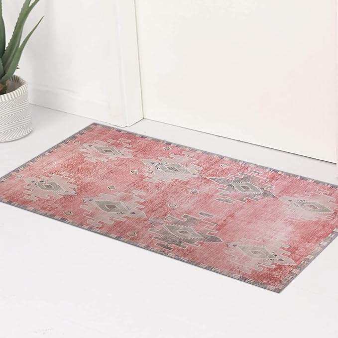 Turkish Rug. Washable Vintage Oriental Antique Inspired Traditional Doormat Small Modern Area Rugs Luxury Entryway Entry Bedroom Bathroom Kitchen (379PP, 2' x 3')