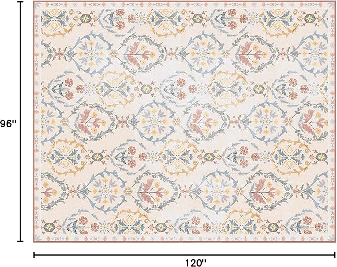 Phantoscope Washable Area Rug 8'x10' Non-Slip, Vintage Floral Boho Rugs for Living Room, Bedroom, DiningRoom, Soft Botanical Moroccan Pattern, Low-Pile Foldable Floor Carpet, Ivory Pink/Boho Garden