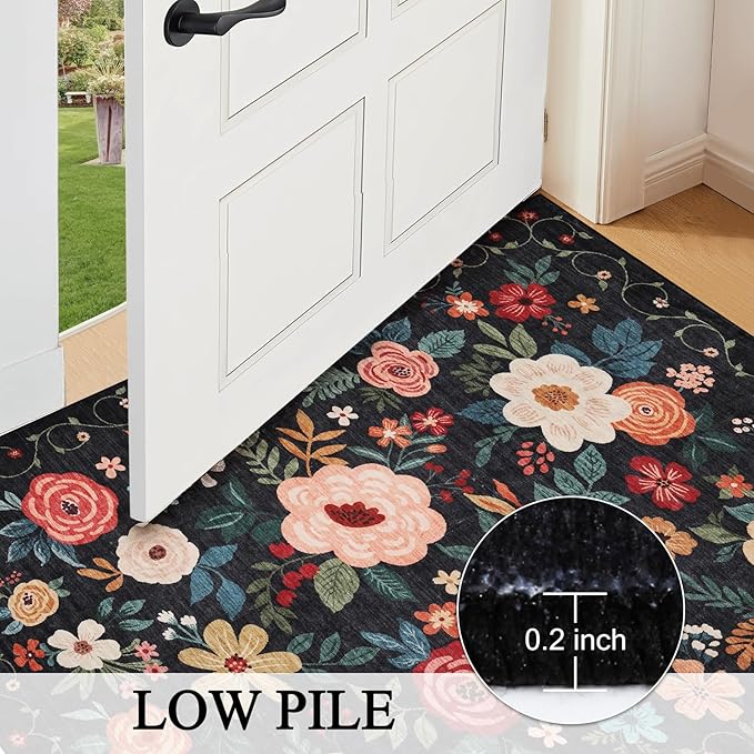 DUKINO Runner Rug, 2x7 Boho Kitchen Rug for Hallways with Low Pile Design, Washable Non Slip Backing Soft Floral Runner for Kitchen, Hallway, Entryway, Bedroom, Laundry, Black