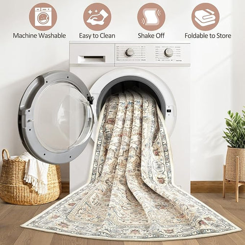 12x15 Area Rug Living Room: Washable Boho Large Neutral Vintage Soft Rug Stain Resistant Farmhouse Non Slip Indoor Floor Carpet for Bedroom Nursery Kids Playroom Office Dining Room- Cream Blue
