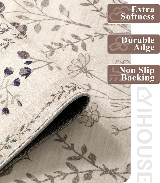 YIHOUSE 6x9 Washable Rug for Bedroom, Beige Floral Rugs for Living Room Non Slip Ultra-Thin Large Boho Rug for Kids Playroom, Classroom, Girls Dorm, Nursery, Beige Multi