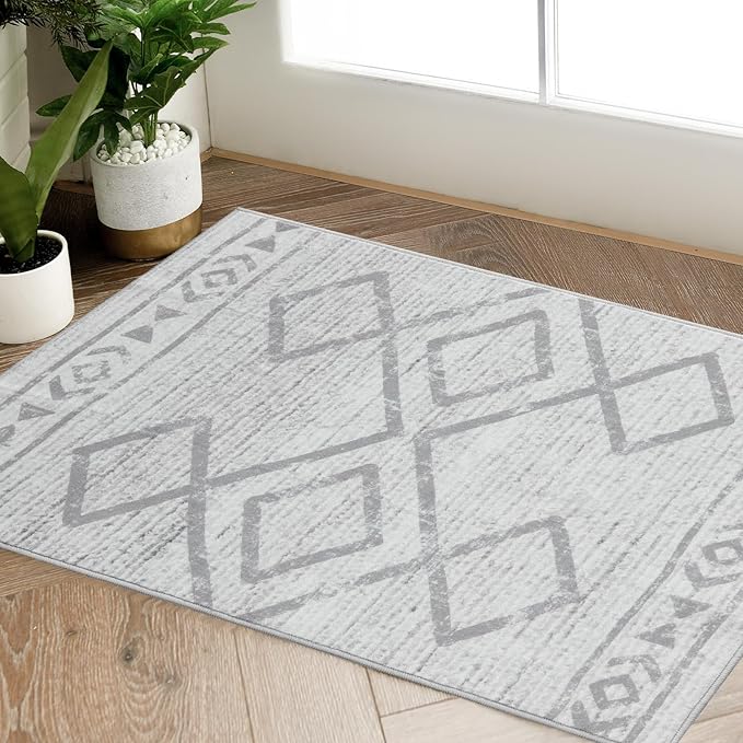 jinchan Moroccan 2x3 Rug for Entryway - Machine Washable Rug Modern Geometric Kitchen Soft Faux Wool Non-Slip Indoor Doormat Ultra-Thin Carpet for Entrance Bathroom Bedroom Living Room (2x3ft, Grey)