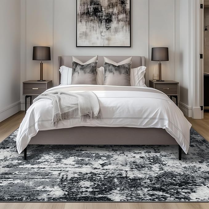 Washable Area Rugs Square 7ft Non-Slip Modern Abstract Soft for Living Room Entryway Bedroom Nursery, Print Pattern, Black Gray