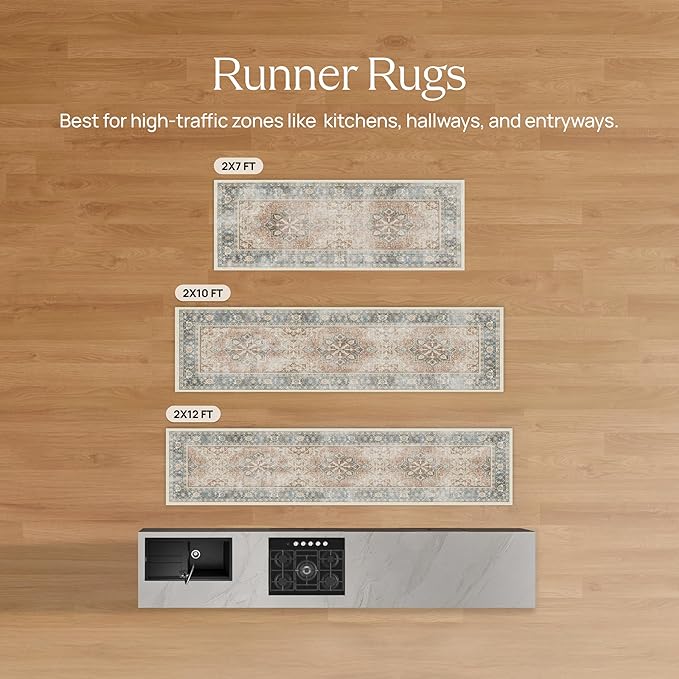 RUGGABLE Washable Vintage Runner Rug – Kamran Blue Quartz 2.5x10, Stain-Resistant, Non-Slip Hallway Runner – Machine Washable Rug for Hallway, Entryway, Living Room & Kitchen–with Standard Pad