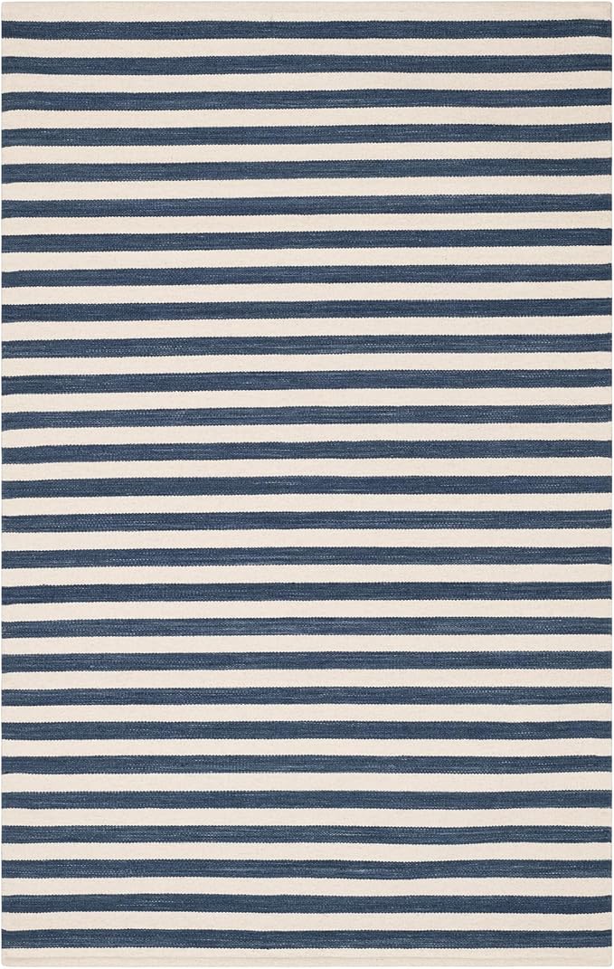 Home Conservatory Ladder Stripe Navy/Ivory Handwoven Wool 2.5 X 8 Feet, Blue/Ivory Stripe Pattern
