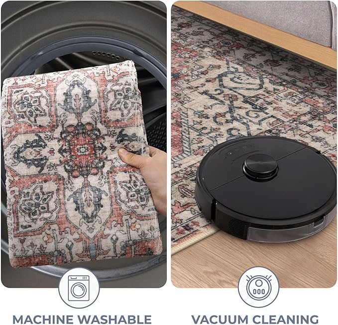KOZYFLY Boho Area Rug 3x5 Ft Rugs for Entryway Washable Entry Rug Non Slip Door Mat Indoor Entrance Printed Faux Wool Throw Rugs for Entrance Kitchen Living Room, Terracotta/Beige