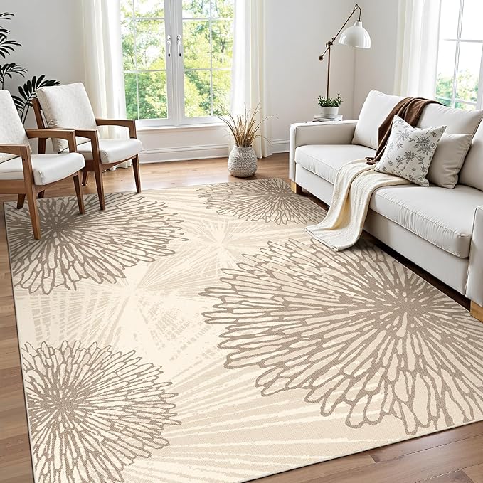 WITSHOCK 5x7 Area Rugs for Living Room: Beige Floral Washable Rugs for Bedroom Dining Room Office Nursery Modern Non-Slip Stain Resistant Low Pile Home Decor（Beige/Brown,5'x7'）