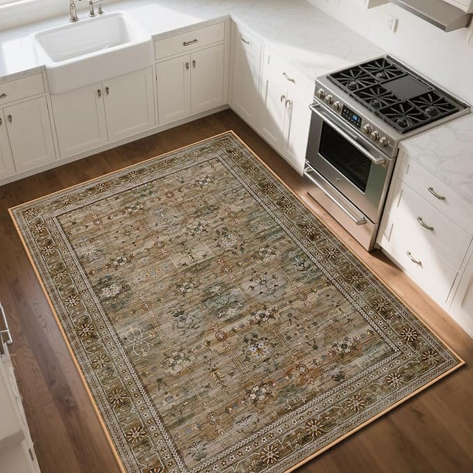 5x7 Washable Area Rug for Living Room Dining Room, Distressed Non Slip Vintage Floral Rugs for Bedroom, Traditional Indoor Floor Carpet for Dining Kitchen Farmhouse Brown with Green