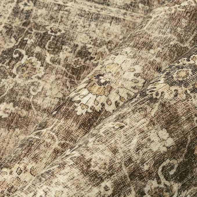 3x10 Washable Runner Rug for Kitchen Hallway Brown Vintage Non-Slip Low Pile Distressed Rustic Carpet Lightweight Vacuumable Soft Long Throw Rug for Indoor Entryway Bedroom