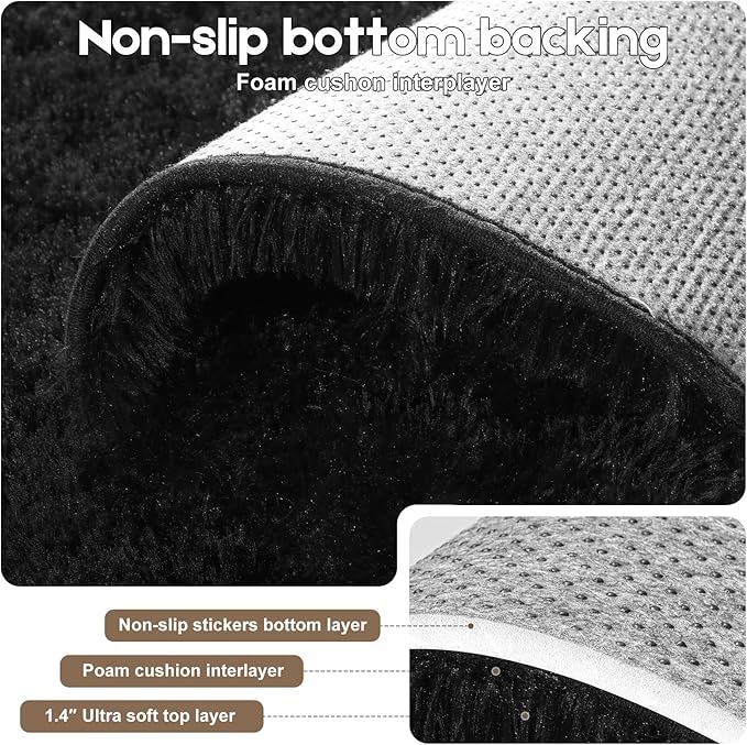 2x3 Black Rug for Bedroom Living Room, Fluffy Small Area Rug Soft Shag Carpet for Kids Boys and Girls Room with 4 Rugs Non-Slip Stickers Dorm Home Decor (2ft x 3ft)
