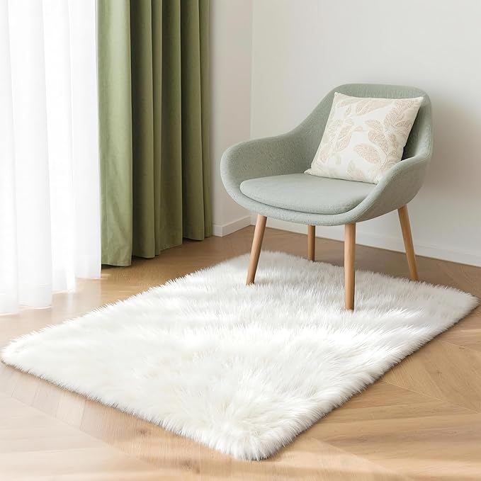 2x3 Solid Fluffy White Area Rug – Washable, Durable, Small Bedroom Rug, Non-Slip High Pile Shag Rugs for Living Room, Bedroom, Bedside, Dorms,Grils Rooms, Kids Room, Soft Indoor Floor Carpet