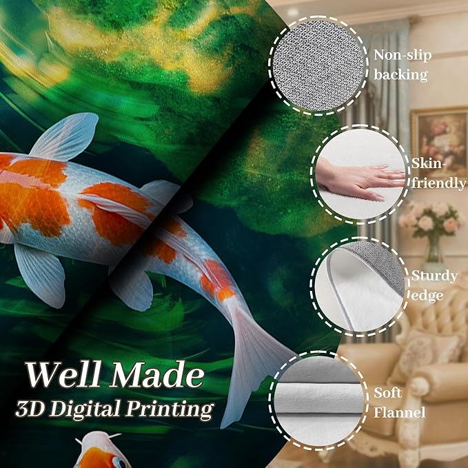 Green Pond Koi Fish Area Carpet, 4x6ft, 3D Realistic Underwater Koi Printed Carpets, Chinese Natural Landscape Soft Low Pile Rug, with Non Slip Backing Pet Friendly Rugs for Entryway