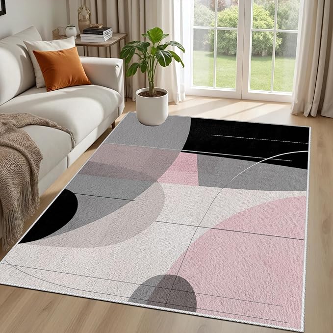 Abstract Art Line Living Room Area Rugs 5x8, Modern Boho Geometric Print Rug, Minimalist Washable Non Slip Neutral Soft Carpet for Bedroom, Dining Room Office Playroom, Black Gray