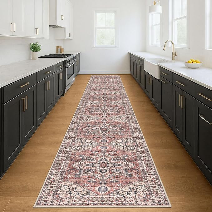 KOZYFLY Runners for Hallways 3x18 Ft Extra Long Washable Faux Wool Thin Runner Rug Printed Stair Carpet for Entryway Bedroom Kitchen Hallway Living Room, Terracotta/Beige