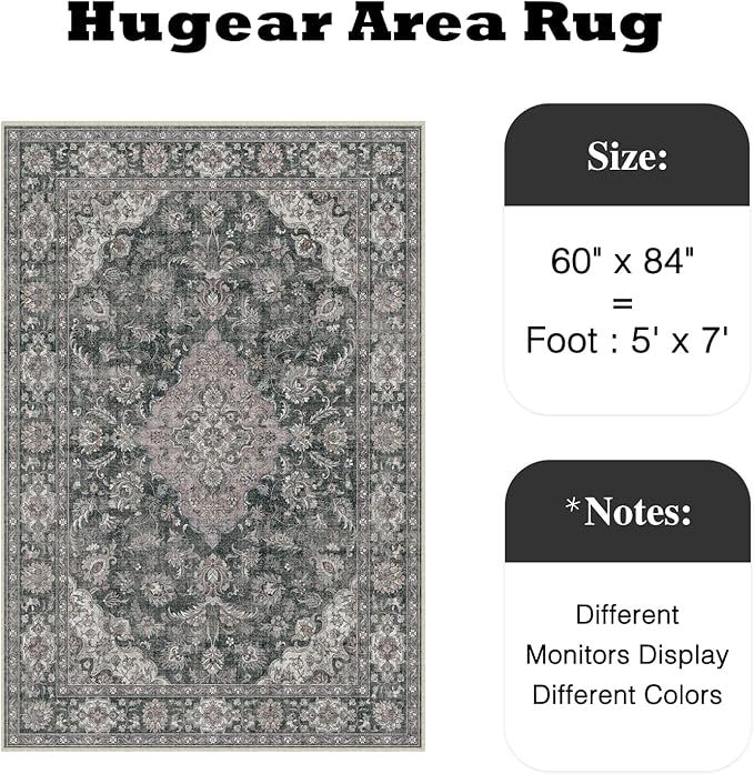 HUGEAR Retro Black Area Rug 5x7 Machine Washable Living Room Rugs Distressed Vintage Floral Low Pile Carpet Bedroom Office Dining Room Laundry Room Non Slip Soft Lightweight