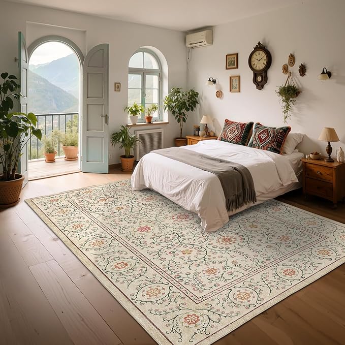 GarveeHome Boho 5x7 Area Rug for Bedroom, Floral Vintage Rugs for Living Room with Soft Low Pile, Non Slip Botanical Washable Rugs 5x7 for Dining Room Camel Carpet for Entryway Dorm Office Playroom