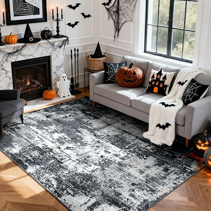 Washable Area Rugs 9'x12' Non-Slip Modern Abstract Soft for Living Room Entryway Bedroom Nursery, Print Pattern, Black Gray