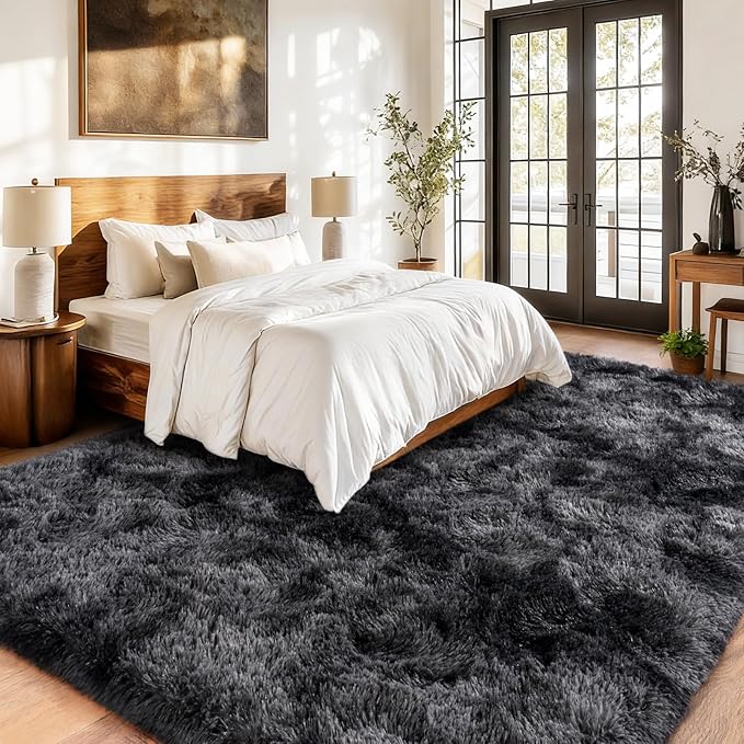 Tie-Dyed Black Grey Shaggy Rugs Fluffy Carpets, Indoor Modern Plush Area Rugs for Living Room, Upgrade Anti-Skid Area Rug, Rectangular 9x12 Feet Fuzzy Rug for Nursery Home Decor