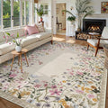 Wonnitar Washable Boho Floral 9x12 Rugs for Bedroom, Non-Slip Living Room Area Rug, Cute Nursery Large Botanical Area Rug, Soft Floor Carpet for Playroom Closet (Beige,9'x12')