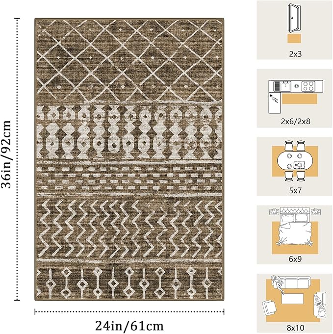 2x3 Machine Washable Area Rug for Entryway, Brown Vintage Moroccan Rug Non-Slip Low Pile Soft Faux Wool Small Carpet, Kids and Pets Friendly for Bedroom Kitchen Hallway Bedside Home Decor Rug