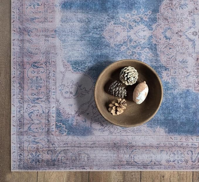 GLN Rugs Traditional Collection - Machine Washable Area Rug, Traditional Washable, Non Slip, Low Pile Chenille Rug, Living Room, Bedroom, Kitchen Rug (8' x 10' Cream/Navy)