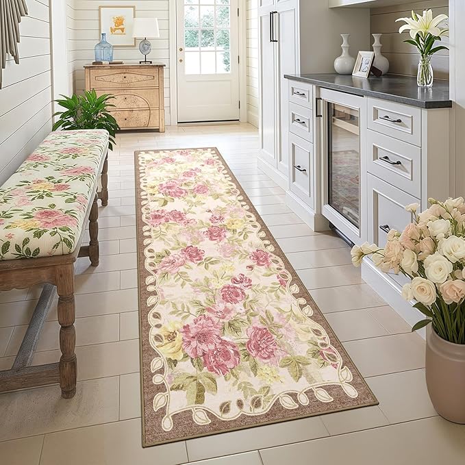 2x6 Machine Washable Runner Rug, Kitchen Hallway Area Rug Pink Vintage Boho Floral Ultra Non-Slip Low Pile Soft Faux Wool Carpet, Kids and Pets Friendly for Bedroom Entryway Nursery Home Decor Rug