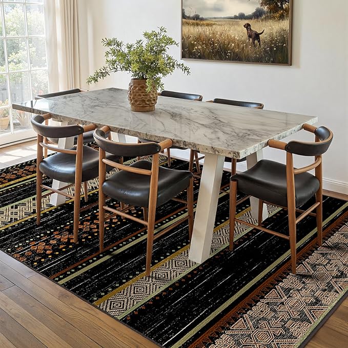 BESTSWEETIE 8x10 Area Rugs for Living Room Washable Moroccan Farmhouse Neutral Geometric Low Pile Non-Slip Soft Print Pattern Rug for Bedroom Kitchen Dining Room Entryway Black/Red/Brown/Cream/Yellow