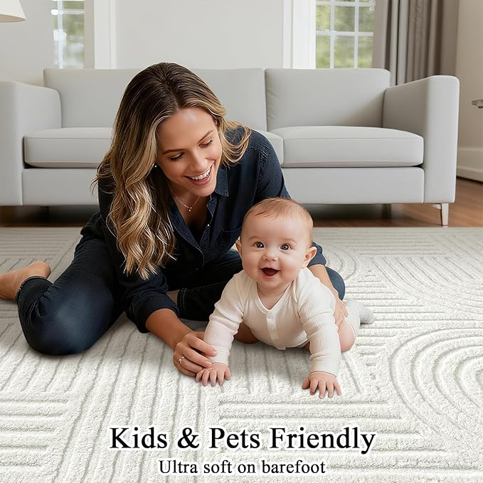 SHACOS Soft Cozy Fluffy Arch Pattern High-Low Pile Area Rugs 6'x9' Large Non Slip Washable Modern Geometric Rug Scandinavian Minimalist Carpet for Living Room Bedroom Dining Room, Cream White