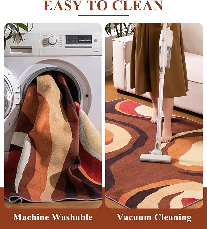 YIHOUSE Burnt Orange Rug 5x7 Washable,Farmhouse Brown Retro Carpets,Geometric Abstract Wavy Rug for Bedroom,Unique Colorful Rugs for Living Room,Dining Room,Alfombras para Salas