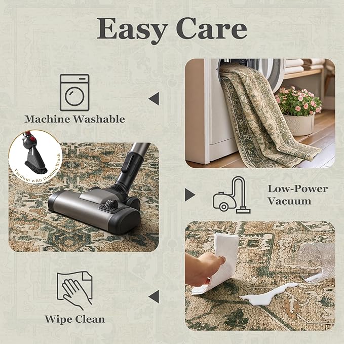 Vintage Distressed 5x7 Area Rugs for Living Room Bedroom Non Slip Washable, Medallion Pattern Printed Low Pile Thin Carpet Rugs for Dining Room/Kitchen/Home Office, Multi Brown/Slate Green