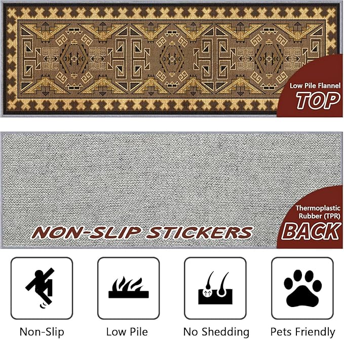 Brown Geometric Runner Rug, 4x10ft Hallway Runner Washable Rug, Corridor & Foyer High-Traffic Rugs, Indoor Durable Non-Slip Mat, Vintage Southwestern Decorative Home Carpet