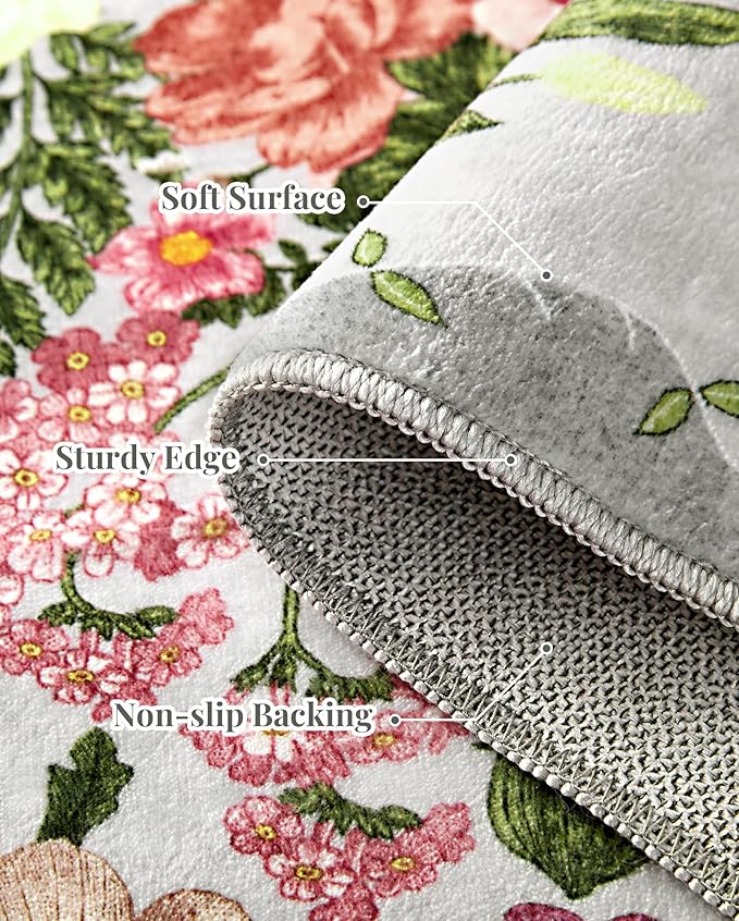 Floral Washable 5x7 Area Rugs - Living Room Rug Non Slip Low Pile Stain Resistant Carpets Indoor Vintage Flower Print Rug for Bedroom Dining Room Kitchen Home Office, Grey