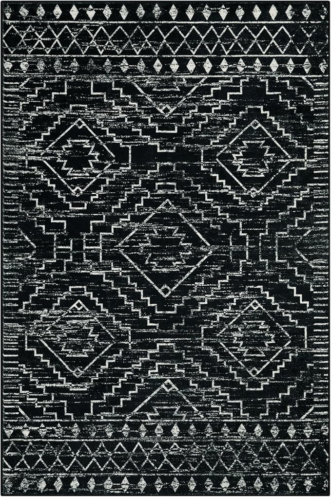 Wonnitar Moroccan 6x9 Area Rugs, Washable Black Rugs for Living Room, Large Soft Bedroom Throw Rug, Non-Slip Stain Resistant Thin Boho Floor Carpet for Dining Room Home Office Decor (Black,6'x9')