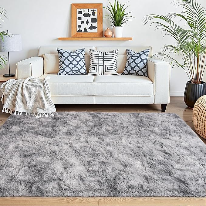 Beglad Shag Rugs for Living Room, Area Rugs 5x7 Feet Upgrade Anti-Skid Modern Minimalist Style Memory Foam Rugs for Bedroom, Indoor Carpet Suitable for Boys Room Decor, Tie-Dyed Light Grey