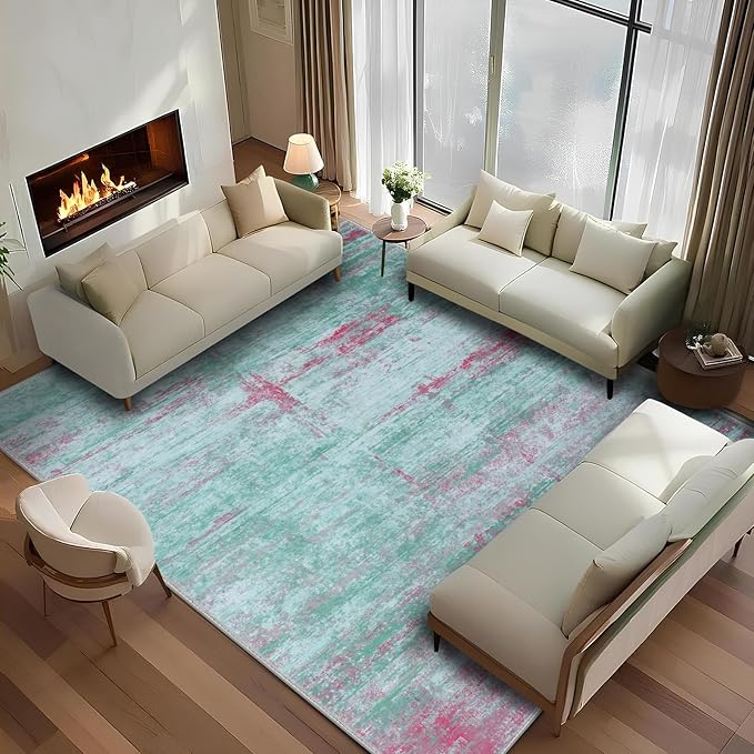 8x10 Abstract Area Rugs for Living Room, Modern Washable Indoor Rug for Bedroom, Thin Soft Large Non-Slip Carpet for Dining Room Home Office Farmhouse Decor - Abstract Green Red