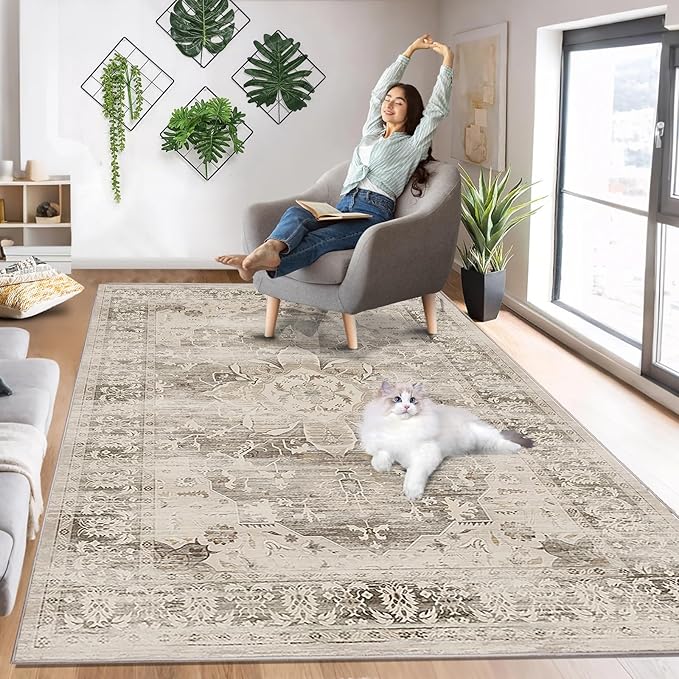 Washable Area Rugs for Living Room 5’x7’ Non Slip Low Pile Area Rugs for Bedroom Dining Foldable Vintage Carpets