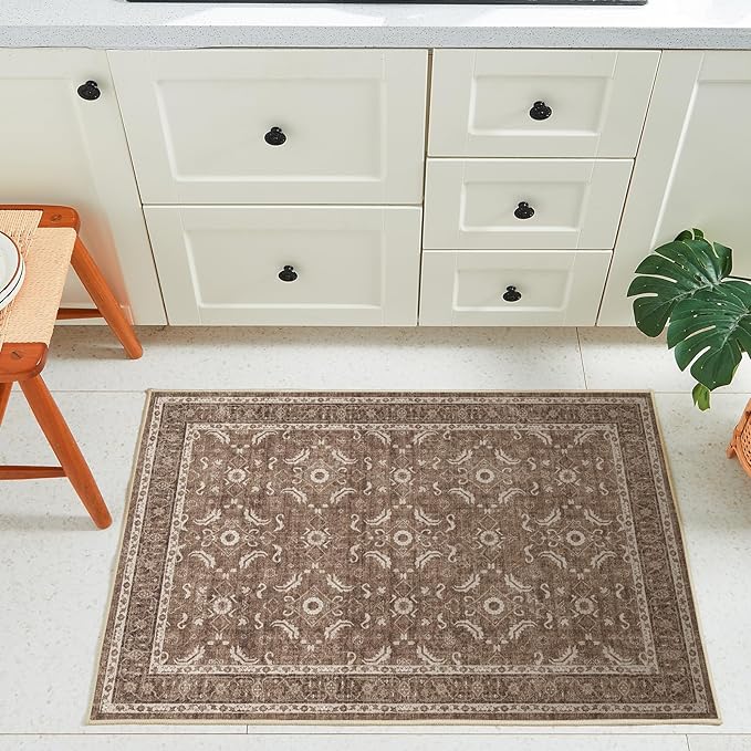 WITSHOCK Washable 2x3 Entryway Area Rug: Soft Non-Slip Backing Washable Rugs Vintage Flower Boho Accent Small Rugs for Bedroom, Kitchen, Bathroom, Nursery Entrance,Dark Brown