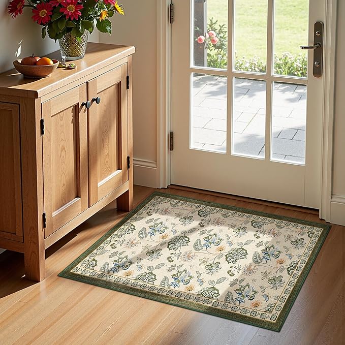 jinchan Elora 2x3 Floral Rug for Entryway Washable Kitchen Rug Vintage Romance Design Small Mat Non Slip Indoor Doormat Lightweight Low-Profile Throw Carpet for Entrance Laundry Room, Green/Beige