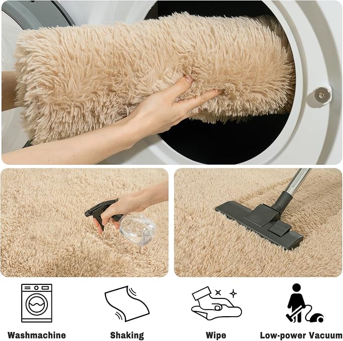 Soft Fluffy Area Rug for Bedroom, Beige Fuzzy Shaggy Oval Throw Rugs for Bedside, Non-Slip Cozy Plush Shag Carpet for Kids Room Nursery Dorm Living Room, 2.6 x 5.3 Feet