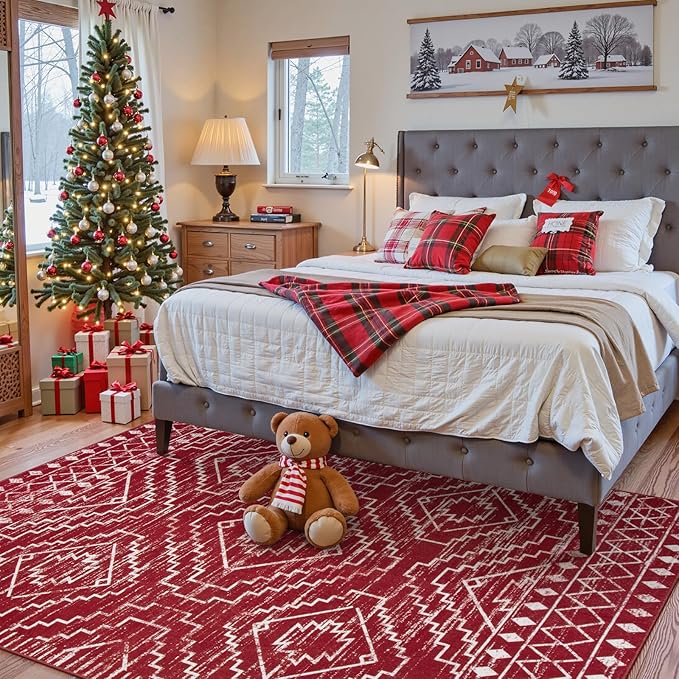 Wonnitar Moroccan Washable 2.5x8 Christmas Runner Rug for Hallway, Non-Slip Stain Resistant Kitchen Runners, Farmhouse Floor Carpet Soft Runner for Bathroom Hall Entyway (Red,2'6"x8')