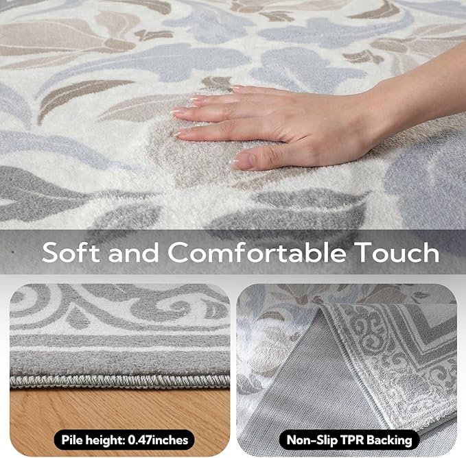 SOULFUL Medium Pile 8x10 Rugs for Living Room - Cozy Soft Underfoot Large Area Rug - Light Taupe Boho Floral - Washable Non-Slip - Perfect for Bedroom Kids Room Under Dining Table Office