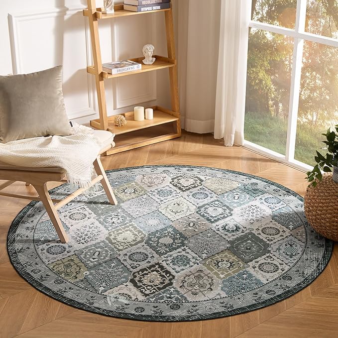 Phantoscope Washable Round Area Rug 6ft Non-Slip, Vintage Boho Rugs for Living Room, Bedroom, Dining Room, Distressed Moroccan Mosaic Diamond Pattern, Low-Pile Foldable Floor Carpet, Grey Charcoal