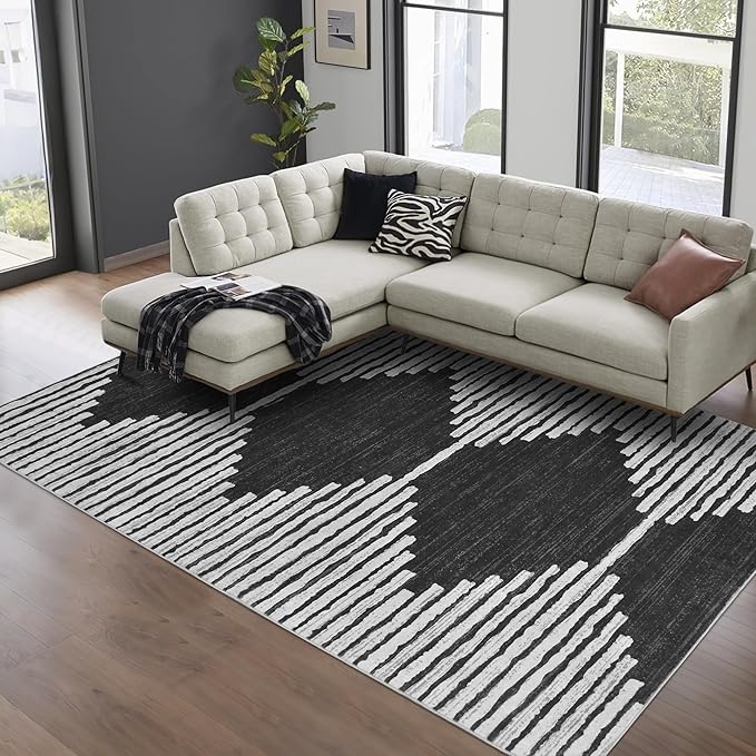 HelloTree Area Rug for Living Room 8x10 Washable Geometric Moroccan Rug Stripe Farmhouse Bohemian Minimalistic Non Slip Non Shedding Ultra Thin Soft Rug for Bedroom Office DiningRoom Nursery-Black